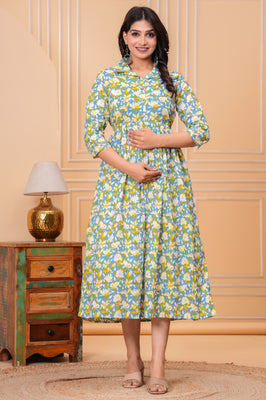 Stylish Cotton Stand Collar Maternity Gown | Daily Wear Floral Print