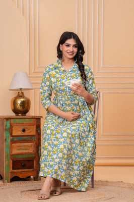 Stylish Cotton Stand Collar Maternity Gown | Daily Wear Floral Print