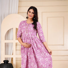 Rosewood Floral Printed Cotton Maternity & Nursing Gown