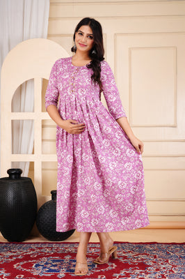 Rosewood Floral Printed Cotton Maternity & Nursing Gown