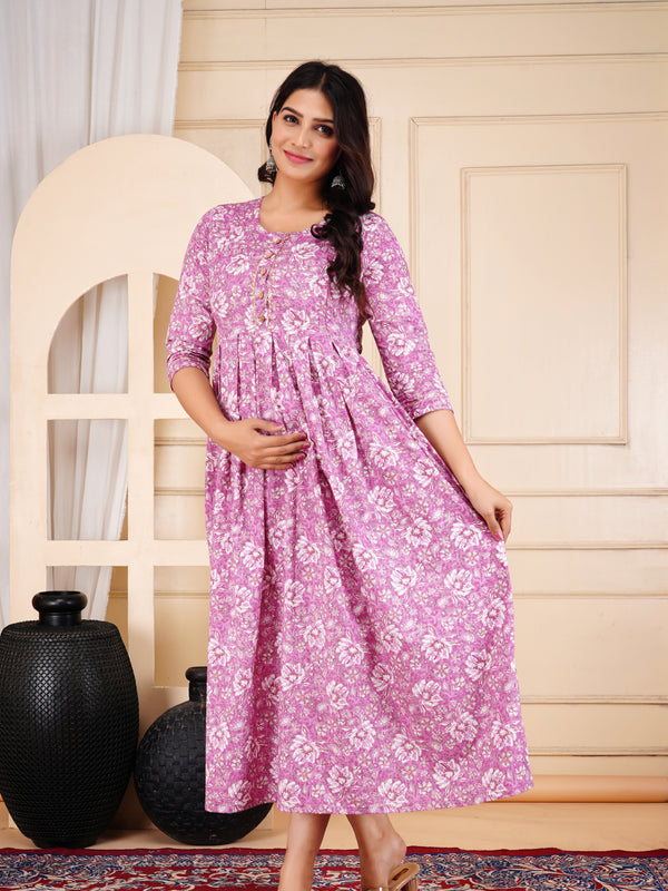 Rosewood Floral Printed Cotton Maternity & Nursing Gown