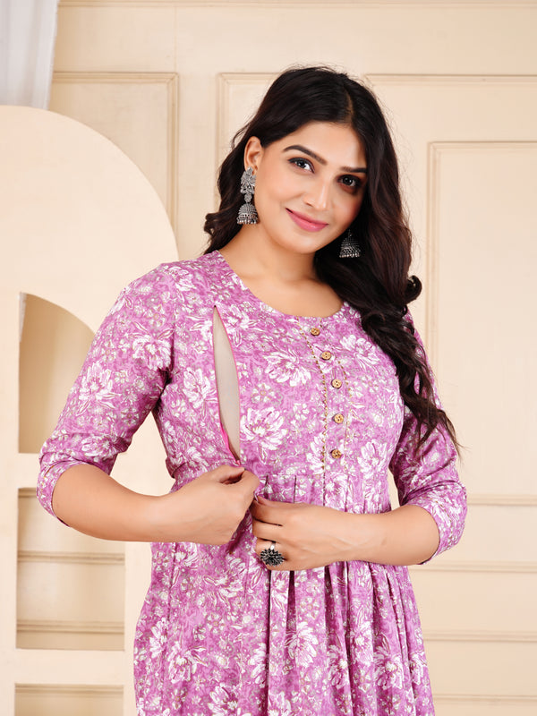 Rosewood Floral Printed Cotton Maternity & Nursing Gown