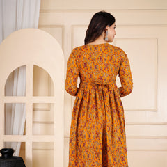 Mustard Printed Cotton Maternity Gown with Feeding Zip & Buttons