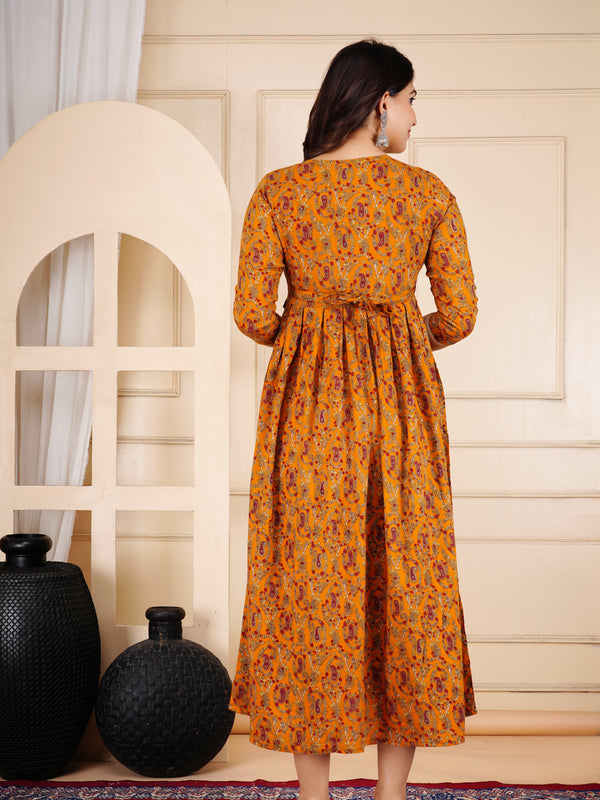 Mustard Printed Cotton Maternity Gown with Feeding Zip & Buttons