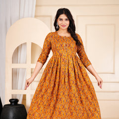 Mustard Printed Cotton Maternity Gown with Feeding Zip & Buttons