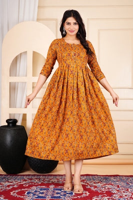 Mustard Printed Cotton Maternity Gown with Feeding Zip & Buttons