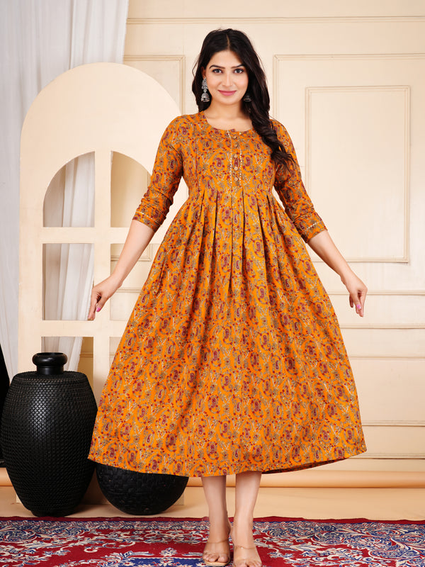 Mustard Printed Cotton Maternity Gown with Feeding Zip & Buttons