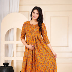 Mustard Printed Cotton Maternity Gown with Feeding Zip & Buttons