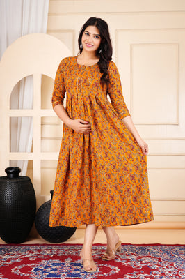 Mustard Printed Cotton Maternity Gown with Feeding Zip & Buttons