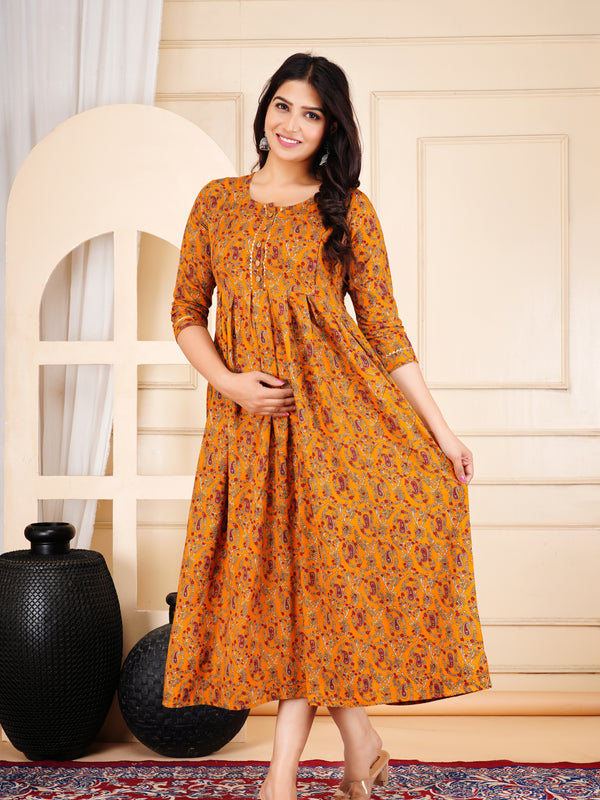 Mustard Printed Cotton Maternity Gown with Feeding Zip & Buttons