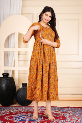 Mustard Printed Cotton Maternity Gown with Feeding Zip & Buttons