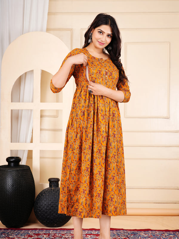 Mustard Printed Cotton Maternity Gown with Feeding Zip & Buttons