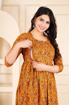 Mustard Printed Cotton Maternity Gown with Feeding Zip & Buttons