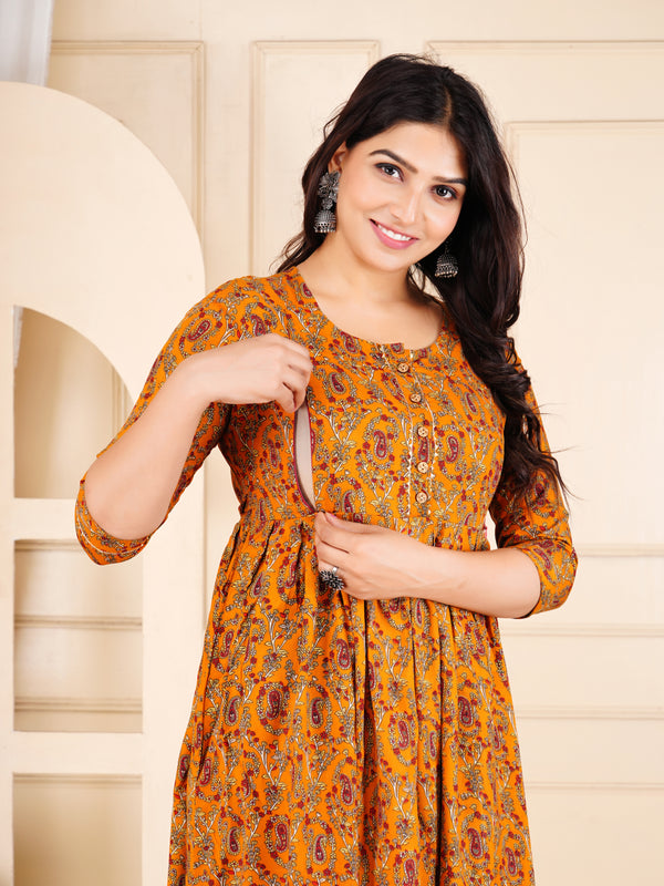 Mustard Printed Cotton Maternity Gown with Feeding Zip & Buttons