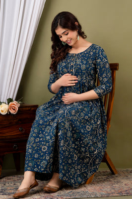 IndoLady Teal Floral Printed Cotton Maternity Gown with Concealed Feeding Zippers