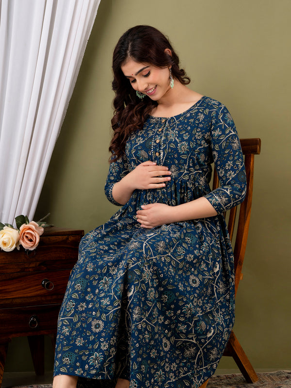 IndoLady Teal Floral Printed Cotton Maternity Gown with Concealed Feeding Zippers