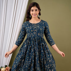 IndoLady Teal Floral Printed Cotton Maternity Gown with Concealed Feeding Zippers