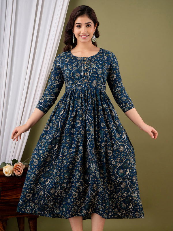 IndoLady Teal Floral Printed Cotton Maternity Gown with Concealed Feeding Zippers