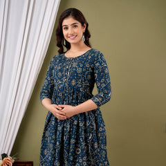 IndoLady Teal Floral Printed Cotton Maternity Gown with Concealed Feeding Zippers