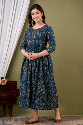 IndoLady Teal Floral Printed Cotton Maternity Gown with Concealed Feeding Zippers