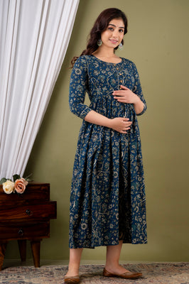 IndoLady Teal Floral Printed Cotton Maternity Gown with Concealed Feeding Zippers