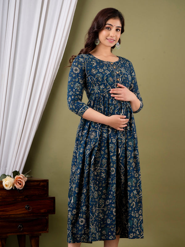 IndoLady Teal Floral Printed Cotton Maternity Gown with Concealed Feeding Zippers