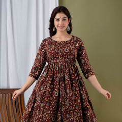 Maroon Floral Printed Cotton Maternity Gown