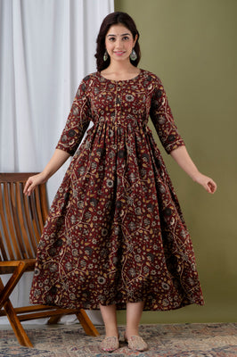 Maroon Floral Printed Cotton Maternity Gown