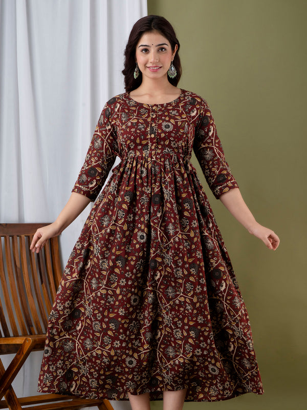 Maroon Floral Printed Cotton Maternity Gown