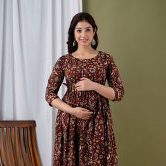 Maroon Floral Printed Cotton Maternity Gown