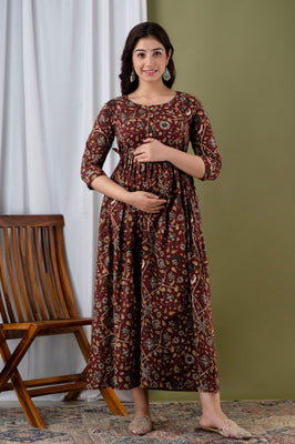 Maroon Floral Printed Cotton Maternity Gown