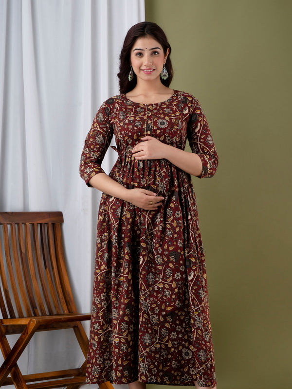 Maroon Floral Printed Cotton Maternity Gown