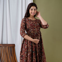 Maroon Floral Printed Cotton Maternity Gown