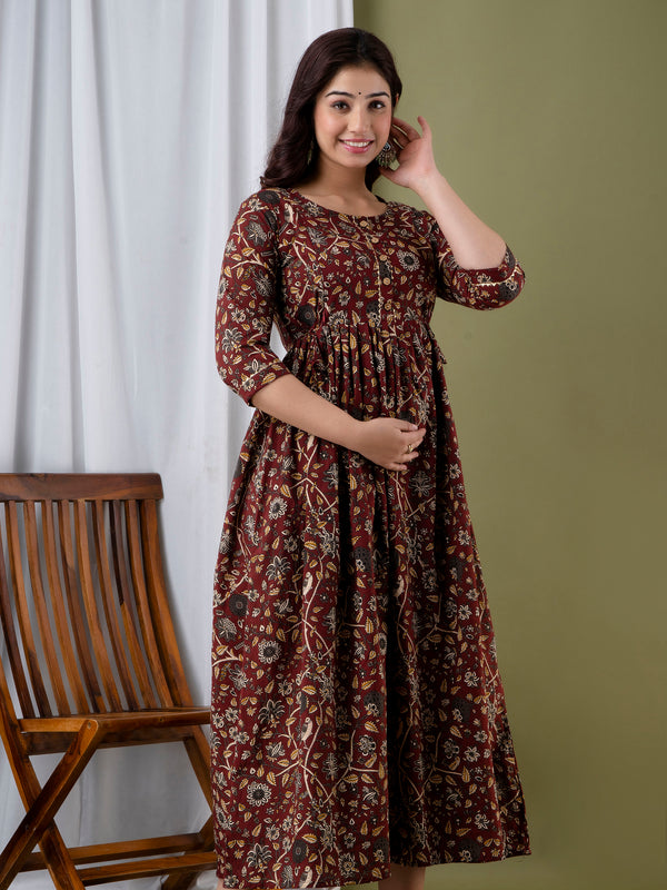 Maroon Floral Printed Cotton Maternity Gown