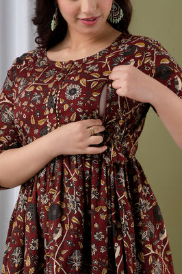 Maroon Floral Printed Cotton Maternity Gown