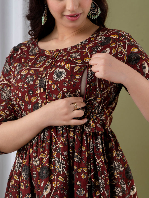 Maroon Floral Printed Cotton Maternity Gown
