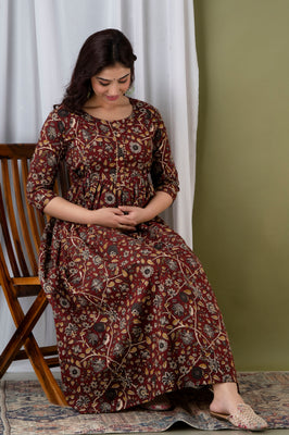 Maroon Floral Printed Cotton Maternity Gown