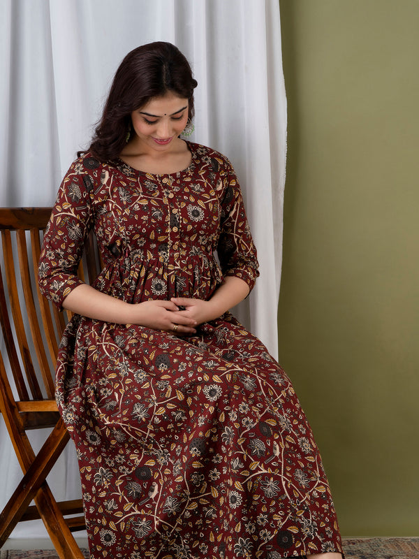 Maroon Floral Printed Cotton Maternity Gown