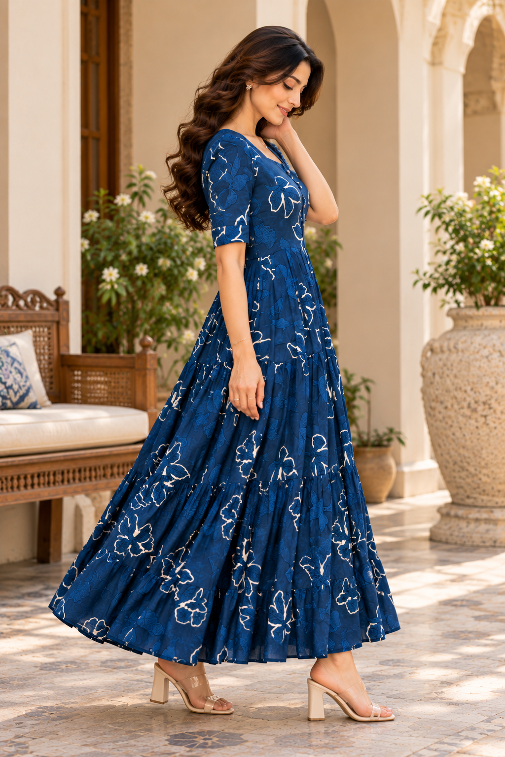 Deep Blue Bloom Tiered Dress
