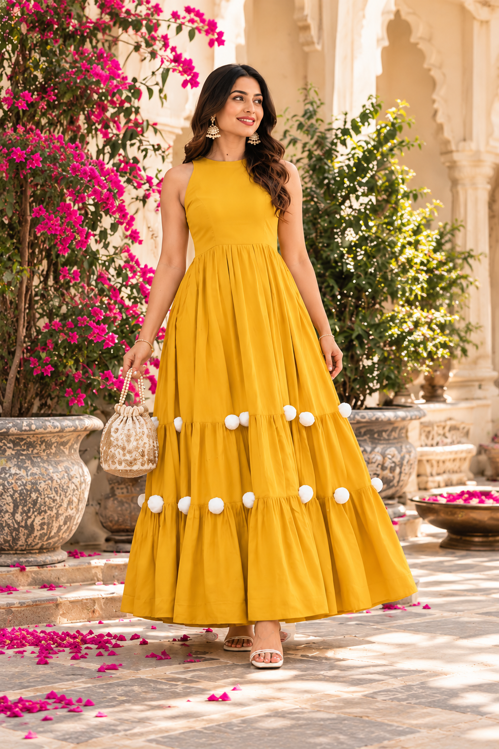 Indolady Cotton Mustard Dream Tiered Dress