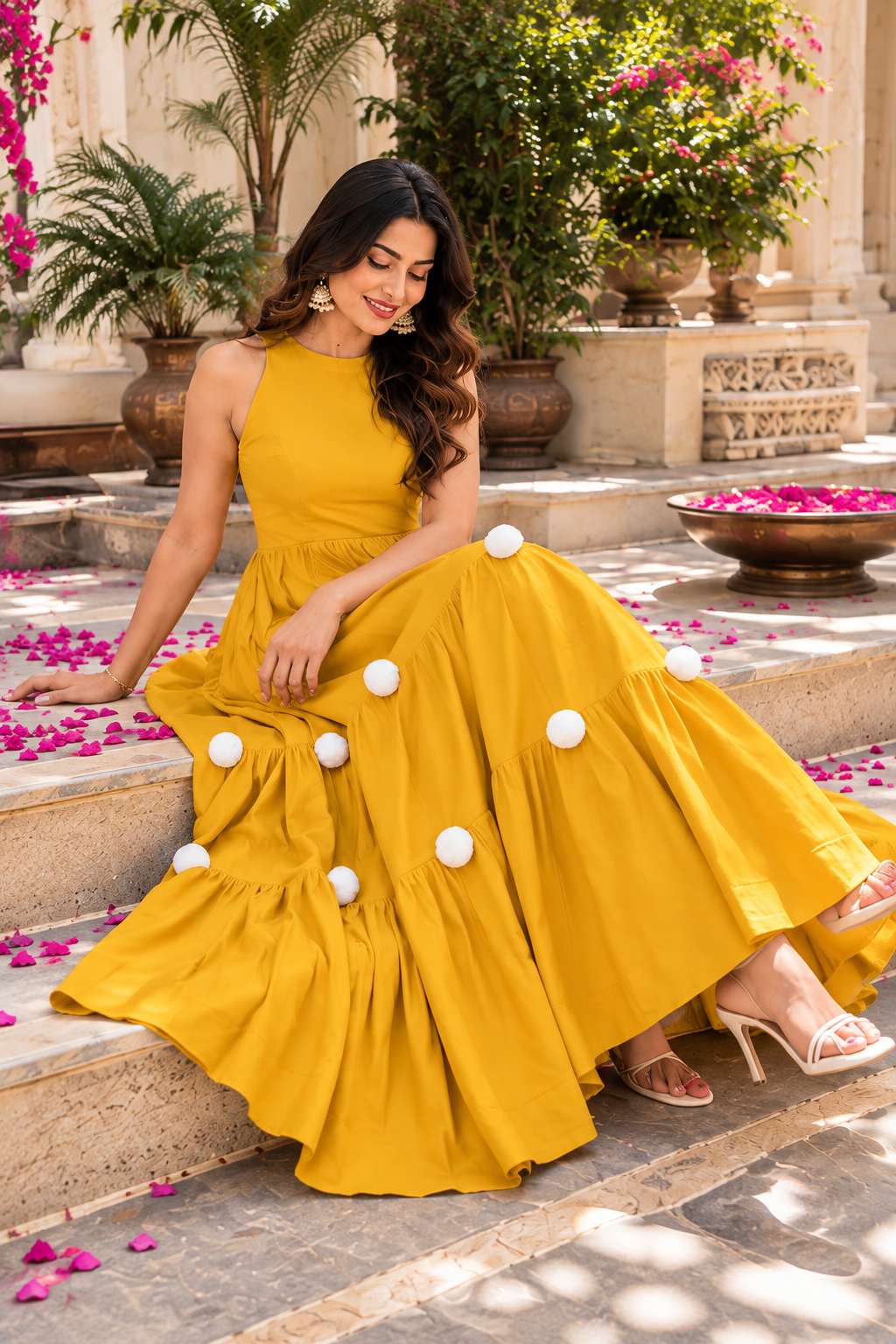 Indolady Cotton Mustard Dream Tiered Dress