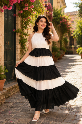 Indolady Black & White Sleeveless Tiered Rayon Dress