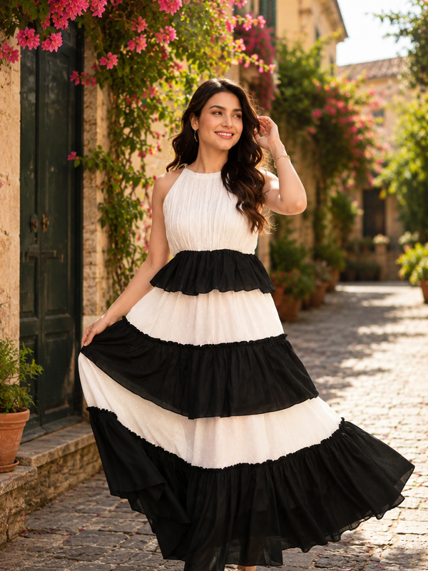 Indolady Black & White Sleeveless Tiered Rayon Dress