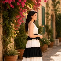 Indolady Black & White Sleeveless Tiered Rayon Dress