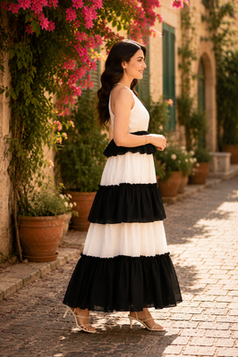 Indolady Black & White Sleeveless Tiered Rayon Dress