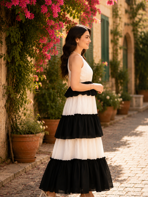 Indolady Black & White Sleeveless Tiered Rayon Dress