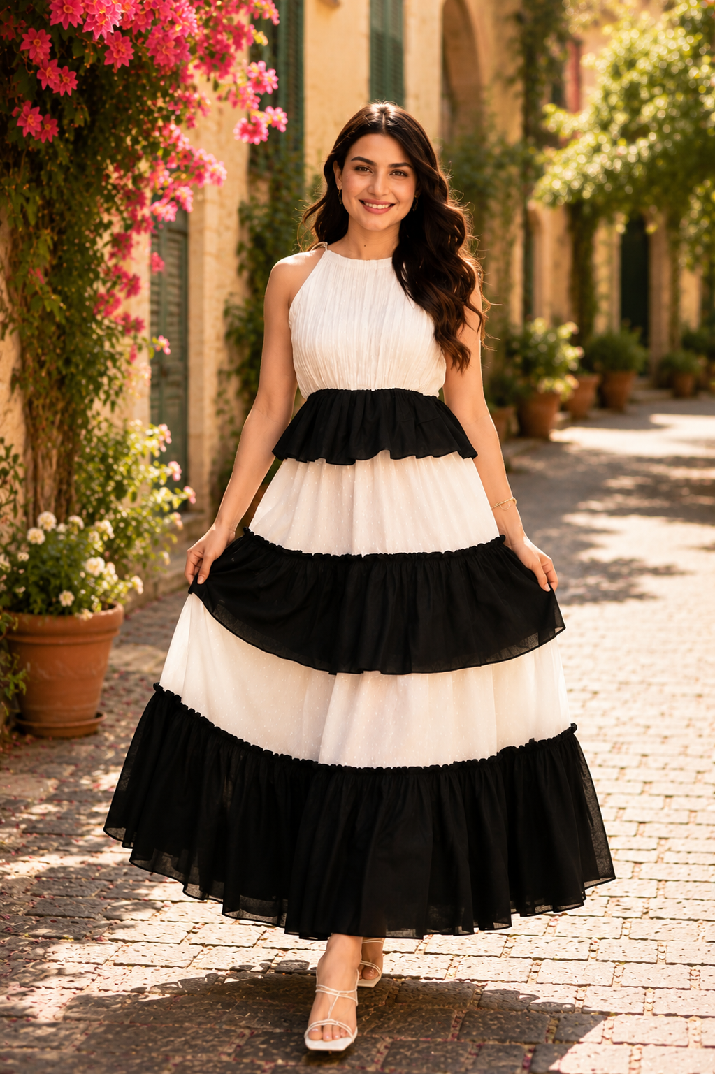 Indolady Black & White Sleeveless Tiered Rayon Dress