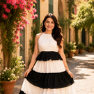 Indolady Black & White Sleeveless Tiered Rayon Dress