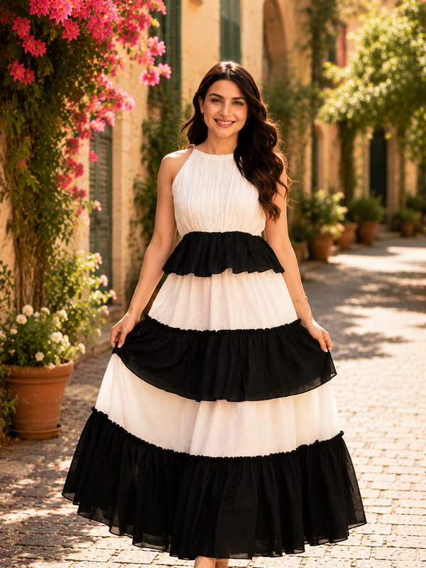 Indolady Black & White Sleeveless Tiered Rayon Dress