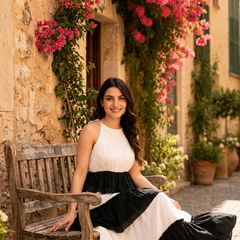 Indolady Black & White Sleeveless Tiered Rayon Dress